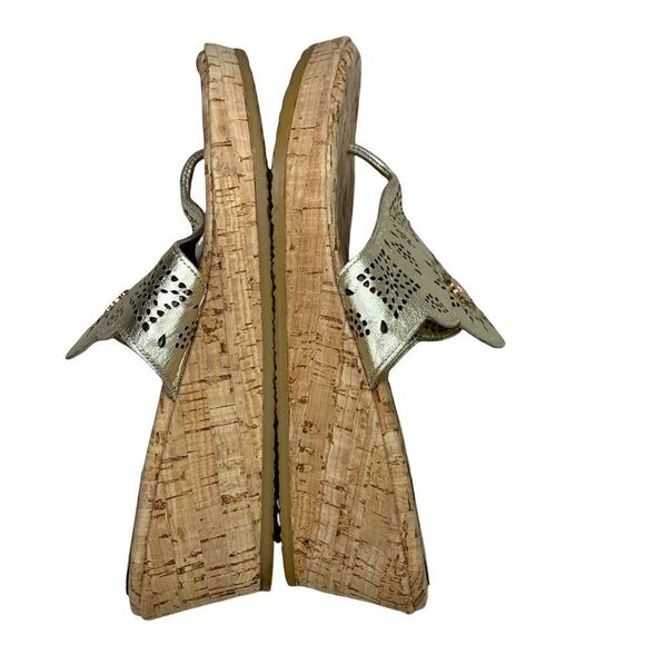 Eric Javits Gold Leather with Cutouts Cork Wedge Thong Sandals 10 NARROW - Picture 4 of 11